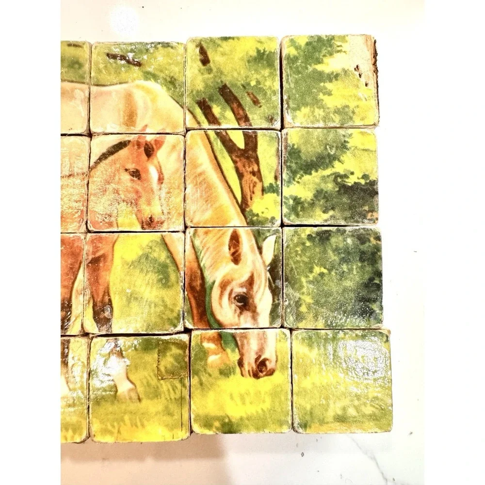 Vintage Farmhouse Wooden Picture Blocks Puzzle Chicken Horse Kitten‎ Cottagecore